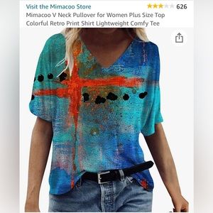Mimacoo V Neck Women’s pull over top. Colorful retro print. Soft material